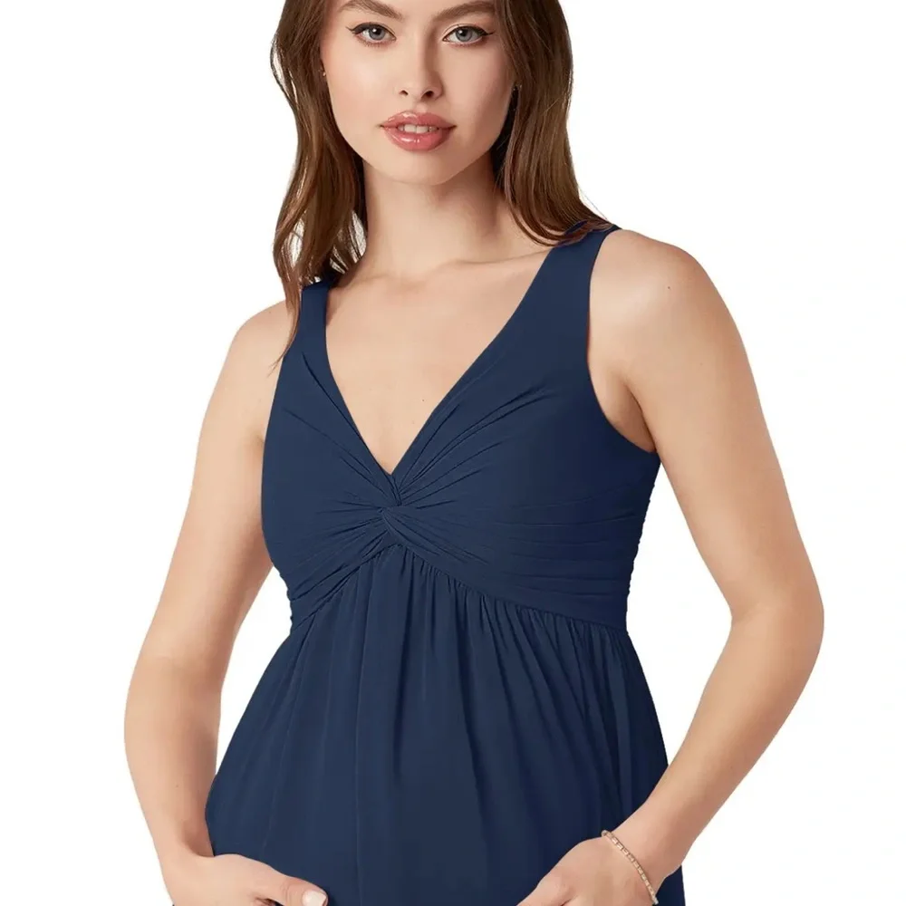 A-Line V-Neck Chiffon Floor-Length Maternity Dress Dark Navy Azazie Yetta - Picture 6 of 14